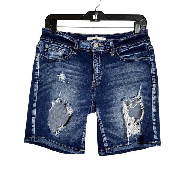 Kancan Denim Jean Shorts Womens 27 High Rise Bermuda Distressed Dark Stretch - Picture 1 of 7